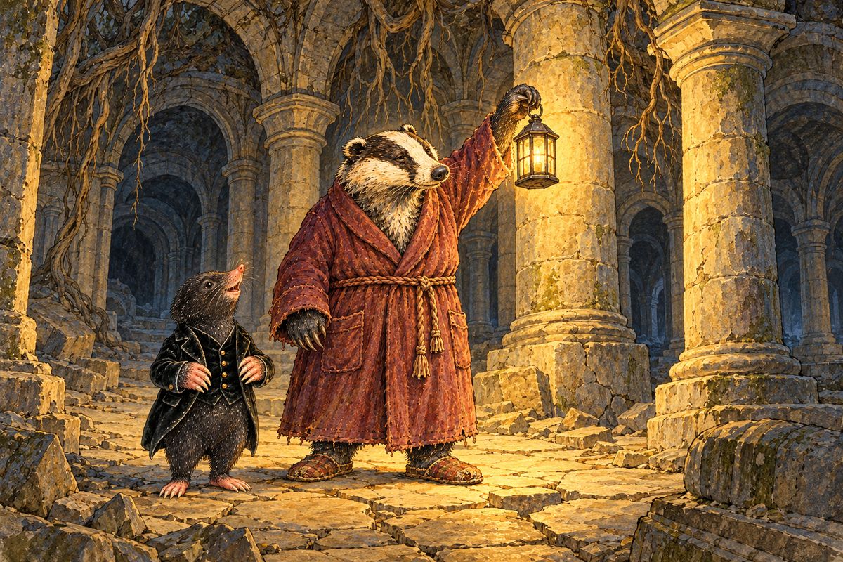 Next morning they breakfasted with two young hedgehogs lost on their way to school, and Otter burst in, having searched for them through the snow. After lunch Badger lit a lantern and led Mole through endless pillared halls. “Very long ago,” he said, “there was a city here. People come, they build, and they go. But we remain.”