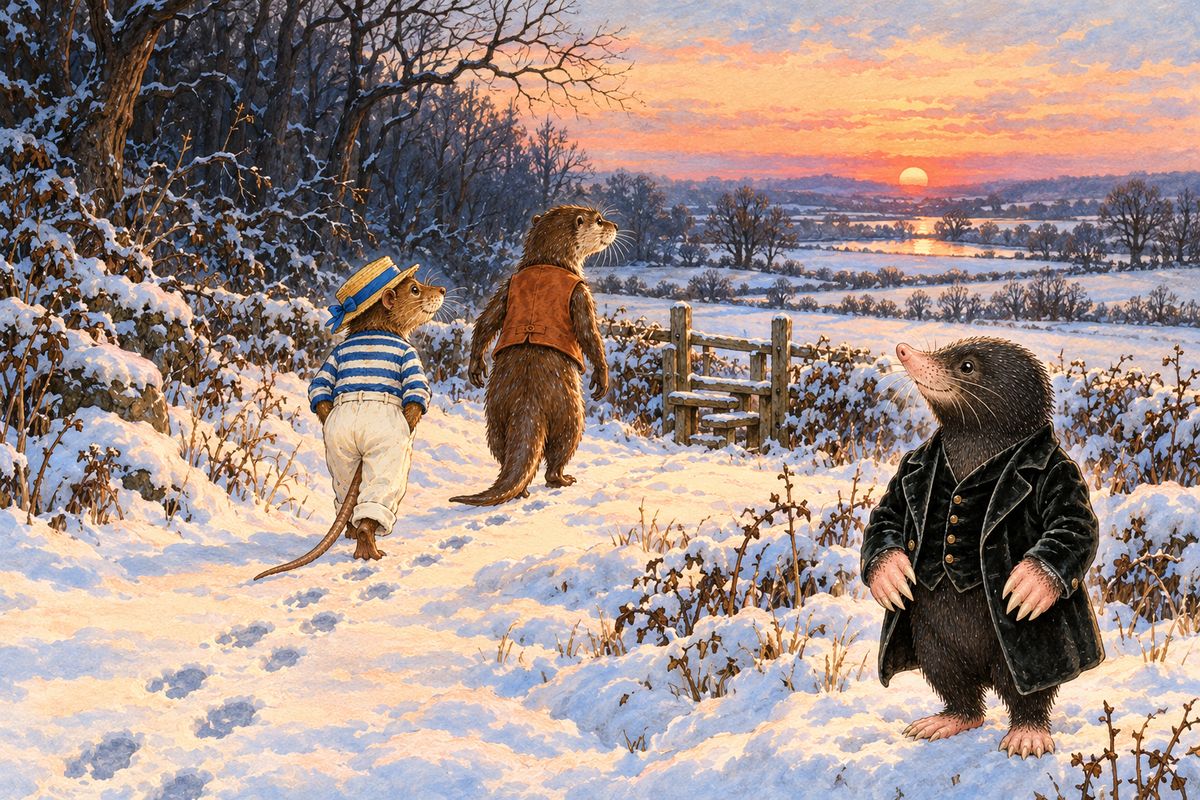 The restless Rat longed for his river, so Badger led them down a winding secret tunnel that came out at the very edge of the wood. With Otter guiding, they hurried home across the snowy fields under the low red sun. And Mole knew he belonged to the hedgerows, the ploughed furrow and the quiet garden-plot, which held adventure enough for a lifetime.