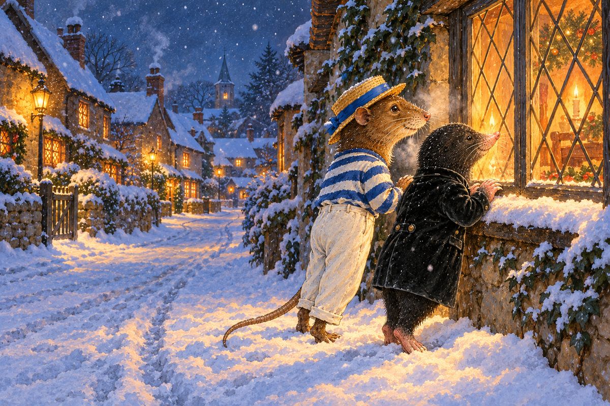 One December dusk, Mole and Rat were tramping home from a day with Otter, through a little snow-dusted village. Rat said the people would all be indoors, so the two friends crept from window to window, gazing wistfully into lamplit rooms where cats were stroked and sleepy children were carried up to bed.