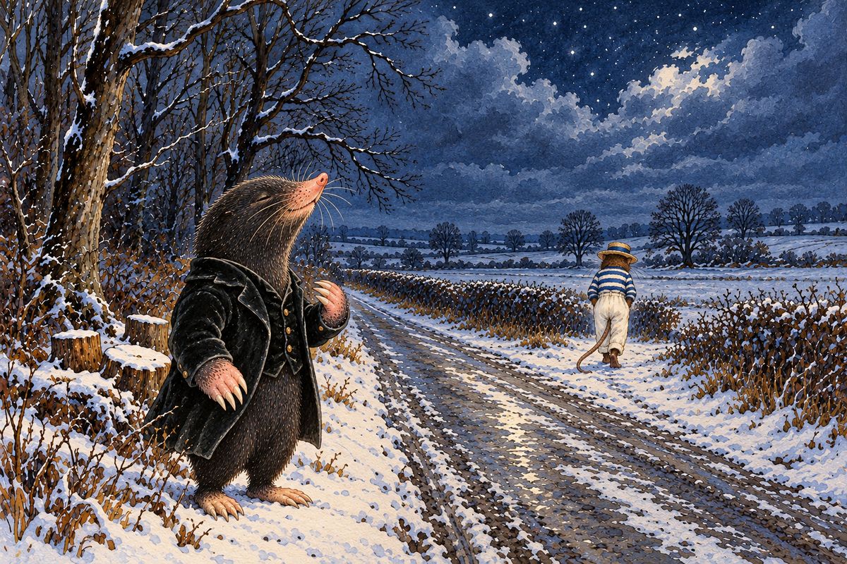 Beyond the village a faint, familiar smell suddenly stopped Mole dead in the dark road: home, his own old home, close by and calling him back! "Ratty! Hold on! Come back!" he cried. But Rat, far ahead and worried about the coming snow, only called back to hurry, and loyal Mole tore himself away and followed.