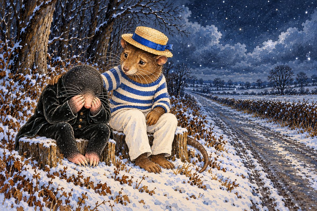 When Rat at last sat them down to rest on some tree-stumps, Mole burst into helpless sobs and poured out the whole story. Rat stared ahead in silence, patting his friend's shoulder, deeply ashamed. "What a pig I have been!" he muttered, and he turned straight round to go back and find Mole's home.