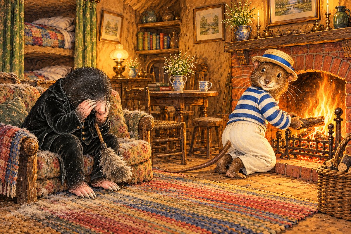 Linked arm in arm they went back until Mole caught the scent again; his nose led them over a ditch, through a hedge and down a tunnel to Mole End. Inside, Mole collapsed in dismay at the dust and shabbiness, but Rat bustled about lighting lamps and a roaring fire, praising the snug little house.