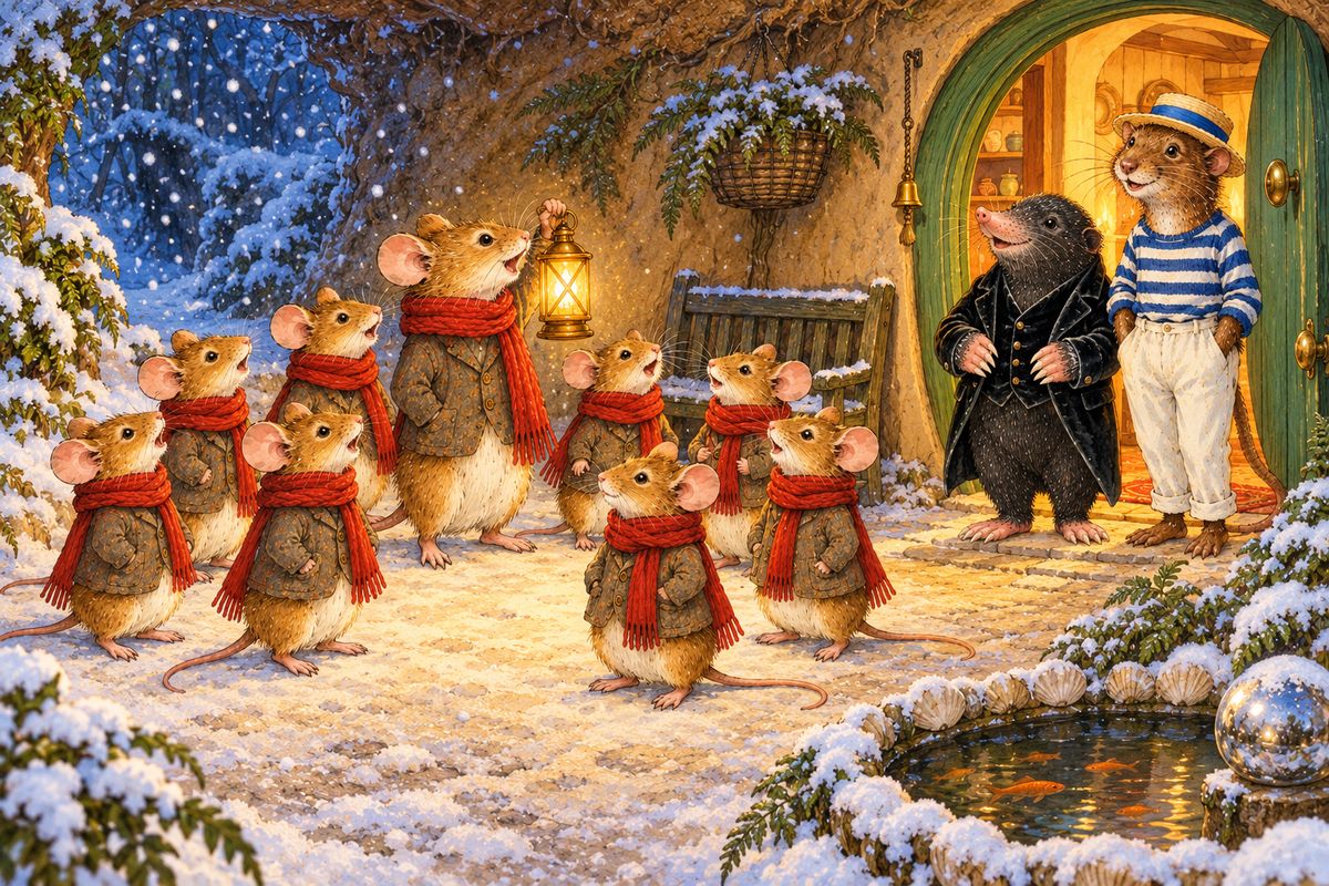 As they sat down to a scraped-together supper, small feet scuffled outside. The field-mice had come carolling, as they did every year! In the lantern-lit forecourt they sang shrilly: "Villagers all, this frosty tide, let your doors swing open wide." Rat sent the eldest off with a basket to the shops, and Mole drew the rest in.