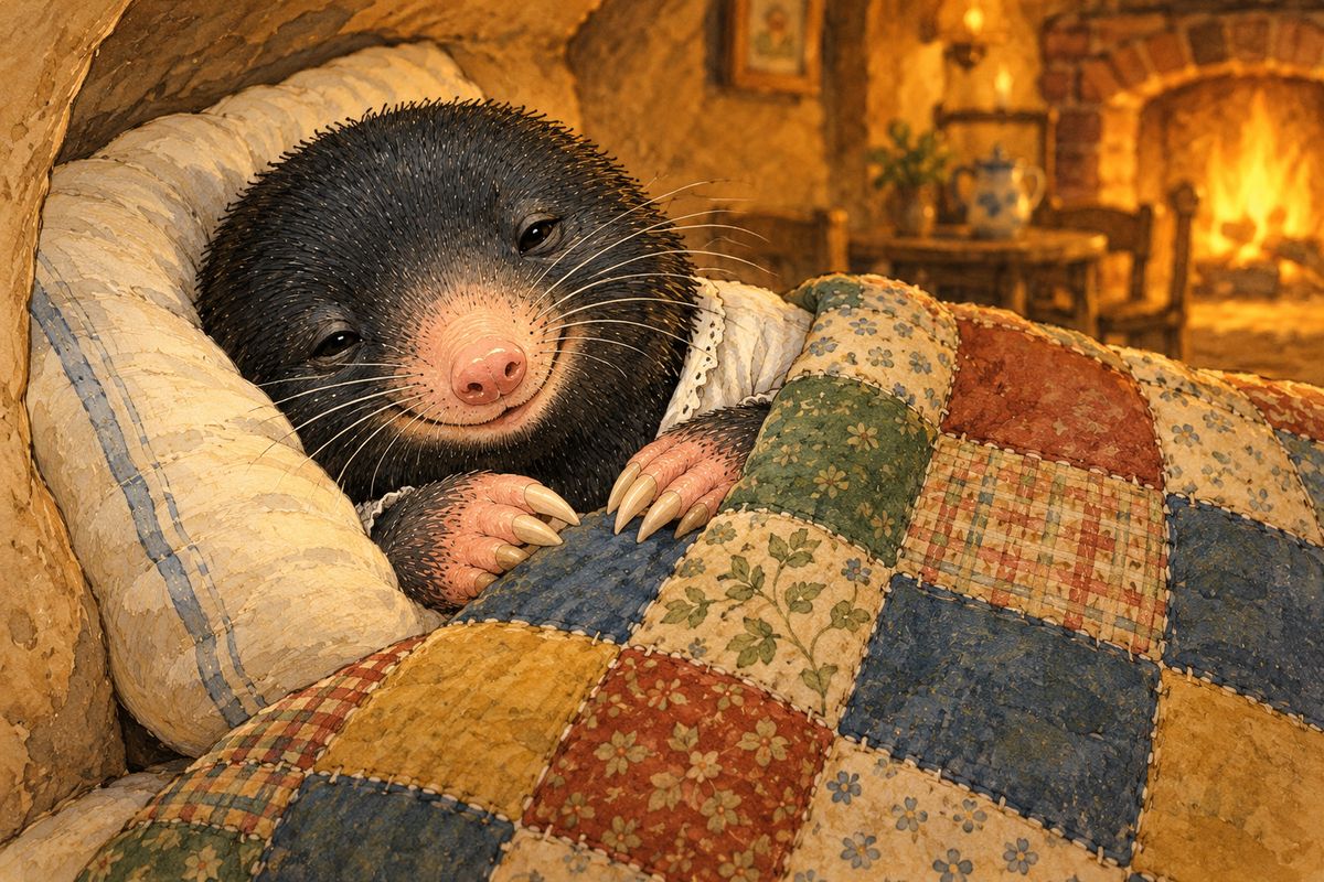 Soon mulled ale was steaming and the table was heaped with good things; the field-mice ate, laughed and gossiped, and went home with stuffed pockets. At last, tucked into his own bunk, Mole gazed round his firelit room. He would always return to the wide world above, but it was good to have this simple home to come back to.