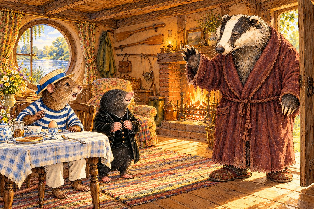 One bright early-summer morning, as Rat and Mole finished breakfast, Mr. Badger strode heavily into their parlour, looking very serious. A new and powerful motor-car was arriving at Toad Hall that very day, and Badger meant to act. "The hour has come!" he announced. "Toad's hour!"