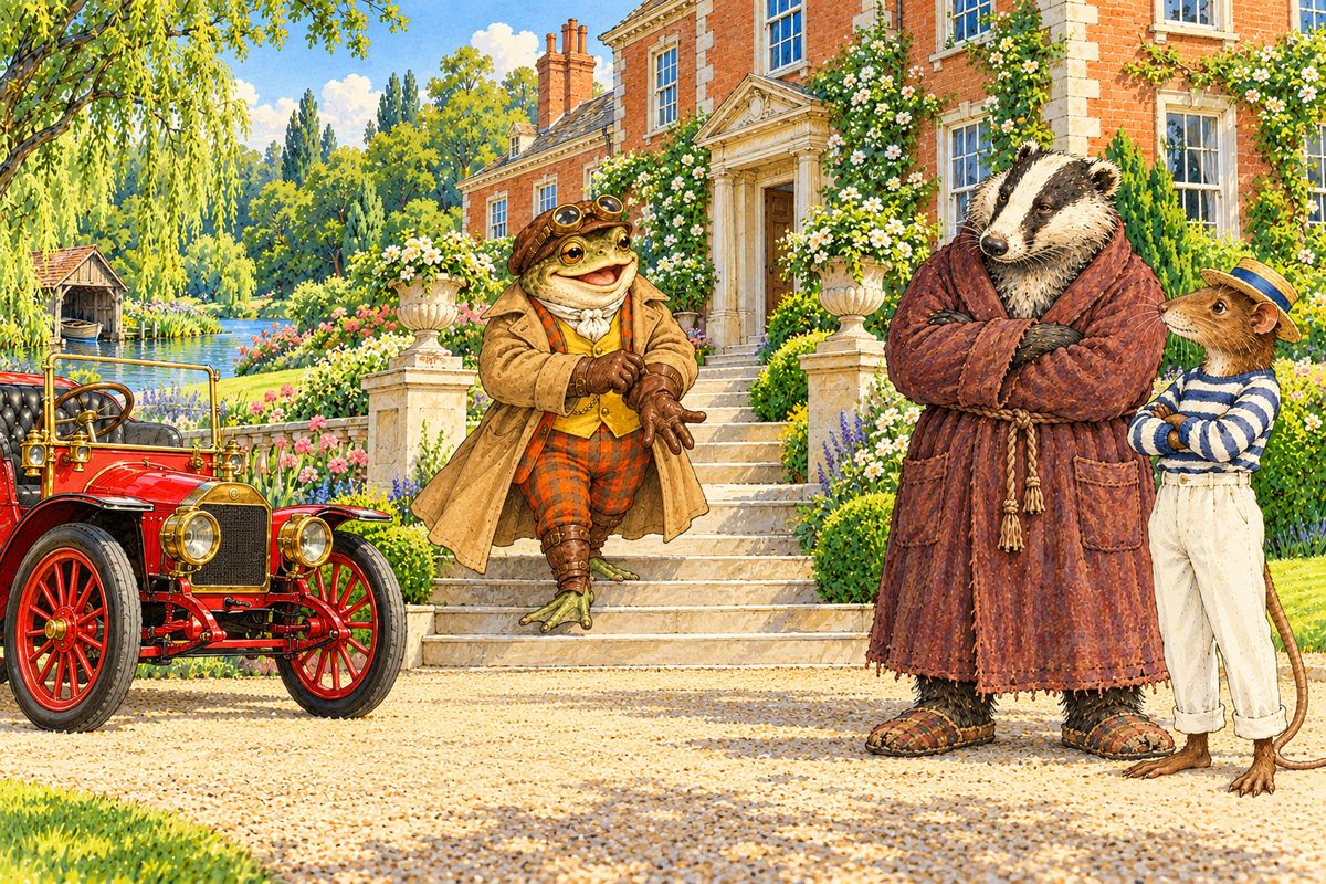 At Toad Hall a huge shiny red motor-car stood waiting, and Toad came swaggering down the steps in goggles, cap, gaiters and an enormous overcoat. "Hullo! Come for a jolly—for a—er—" His invitation faltered at his friends' stern faces. Badger sent the chauffeur away and ordered Toad taken inside.