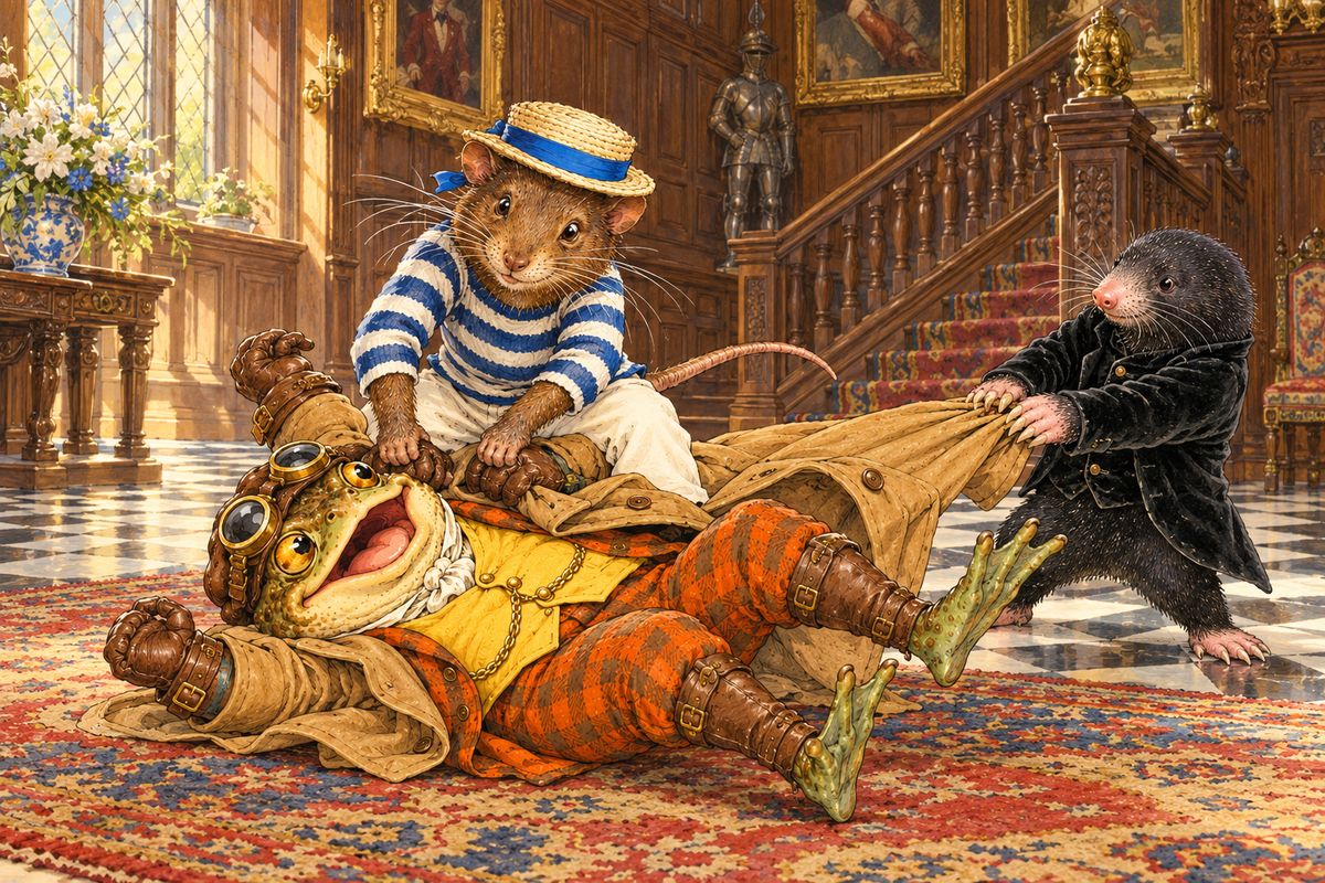 Inside, Rat sat on the kicking Toad while Mole peeled off his motor-clothes bit by bit. After a long private talk with Badger, a tearful Toad promised to give up motor-cars, then took it back: "The very first motor-car I see, poop-poop! off I go in it!" So they locked him in his bedroom and took turns guarding him.