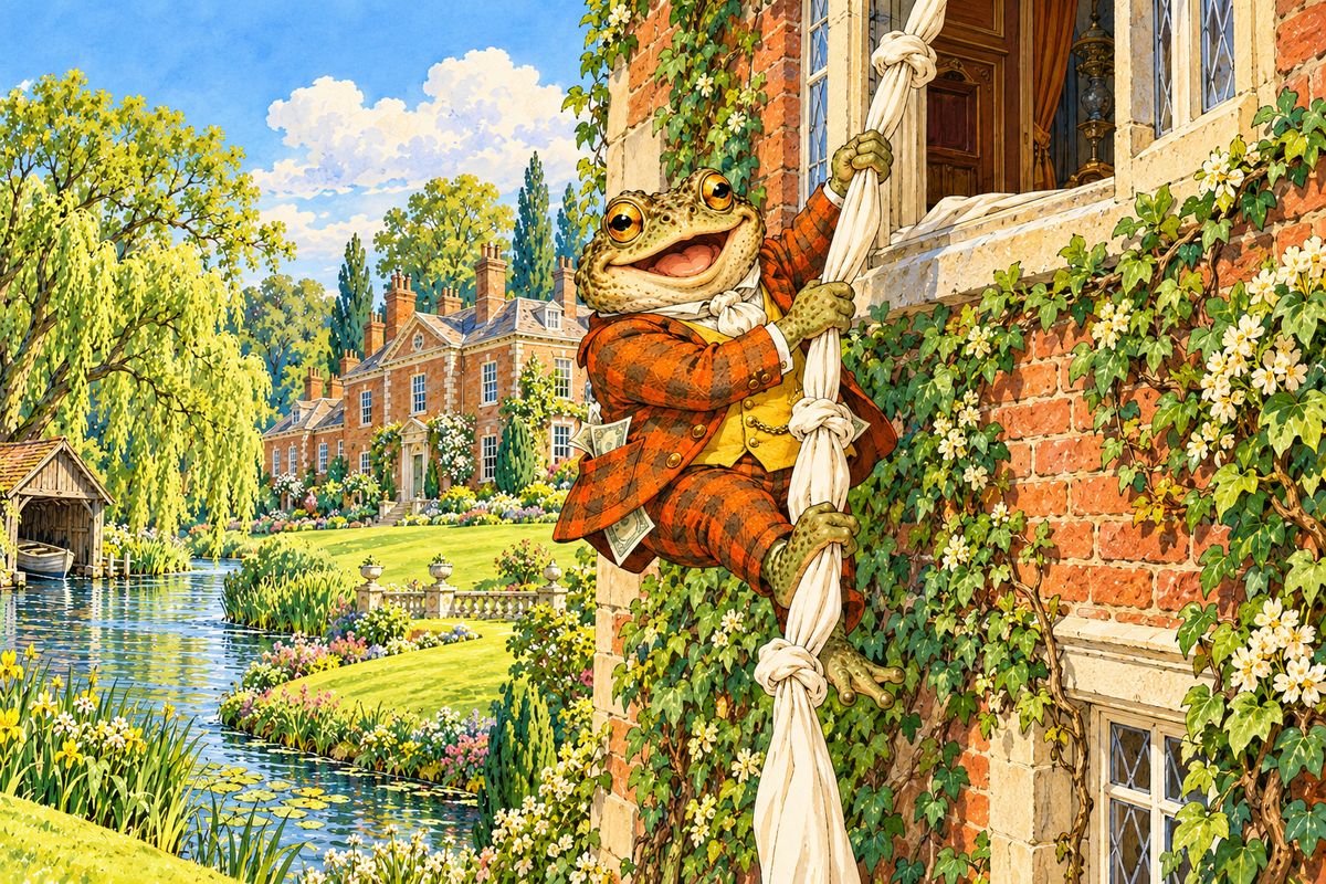One morning Toad lay feebly in bed and begged Rat to fetch a doctor, and a lawyer too. Alarmed, Rat locked the door and hurried off to the village. At once Toad hopped out of bed, dressed in his smartest suit, filled his pockets with cash, and slid down knotted sheets from his window, whistling a merry tune.
