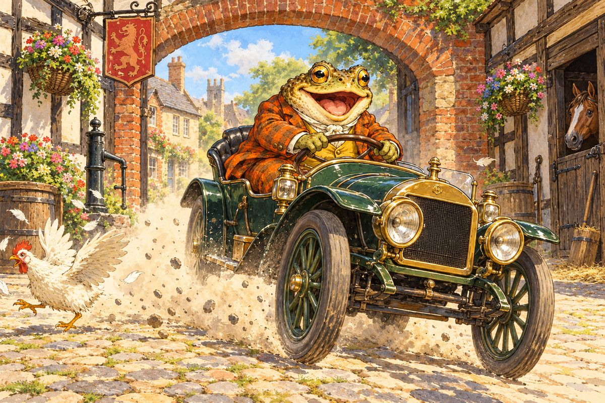 Miles away at the Red Lion, Toad was halfway through a fine luncheon when a motor-car poop-pooped into the inn-yard. "There cannot be any harm in my only just looking at it!" he told himself. Next moment he had cranked the handle, leapt into the driver's seat and roared off down the high road, Toad the terror, the traffic-queller, mad with joy.