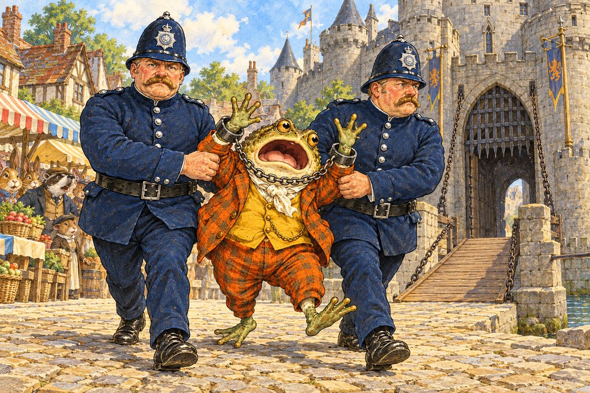 In court, a pompous magistrate added up twelve months for stealing the car, three years for furious driving and fifteen for cheeking the police, then made it a round twenty years. The policemen loaded Toad with chains and dragged him past a jeering crowd and over the drawbridge into the deepest dungeon of the grim old castle.