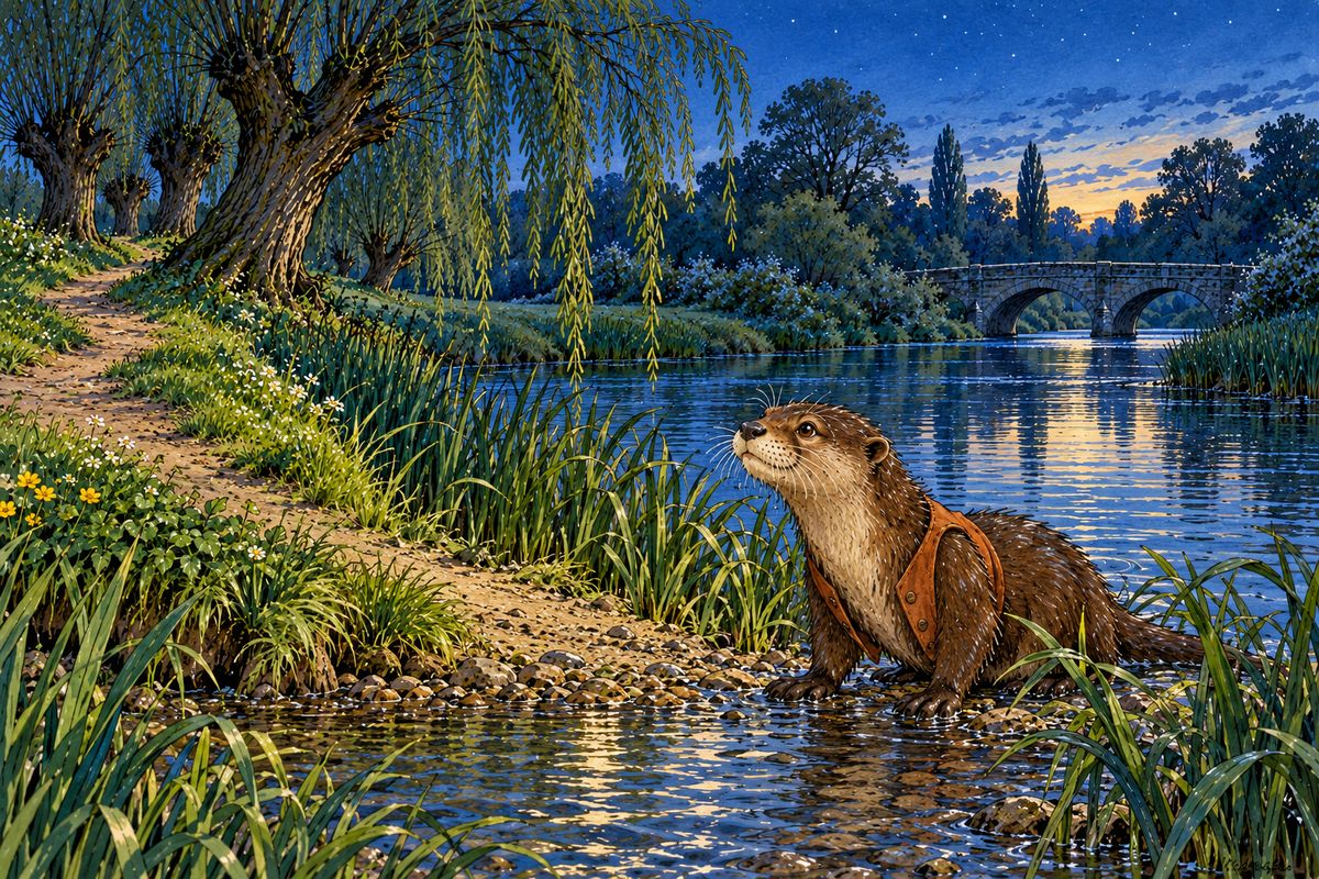 On a hot midsummer night, Rat came home to Mole with bad news: little Portly had been missing for days. Otter, more anxious than he would admit, was keeping watch every night at the old ford where he had taught his son to swim, on the chance the child would come back there.