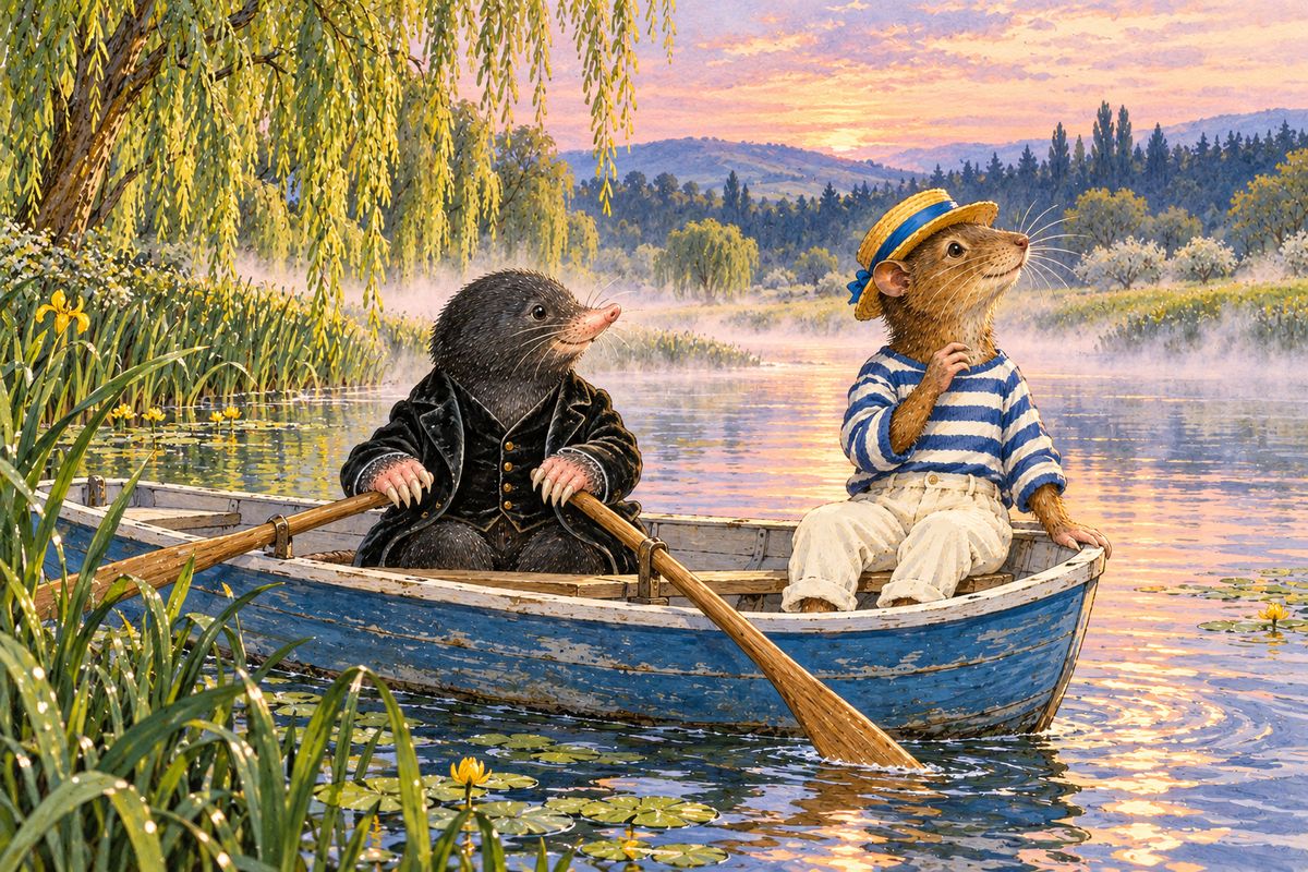 Unable to sleep, the friends rowed upstream and searched the silver banks by moonlight. Toward dawn Rat sat up, trembling, at a distant piping. "Row on, Mole, row! For the music and the call must be for us," he cried, and Mole steered into a long backwater toward the murmur of the weir.