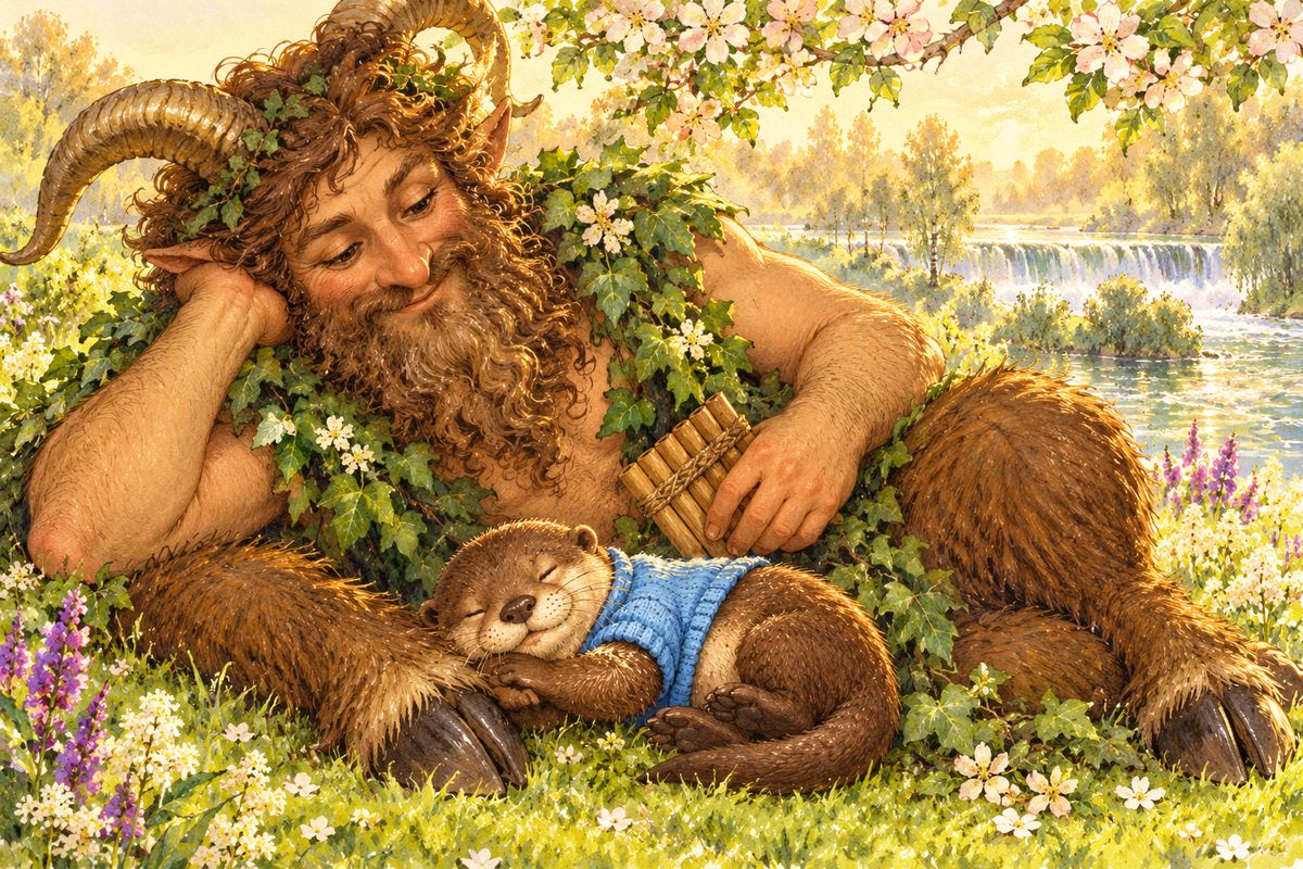 They landed on the little island inside the weir's curve, and a great awe fell on them. Raising his head, Mole looked into the kindly eyes of the Friend and Helper, horned and smiling, his pan-pipes just lowered, and nestled between his hooves lay baby Portly, sleeping in perfect peace. Trembling, the two friends bowed their heads in worship.