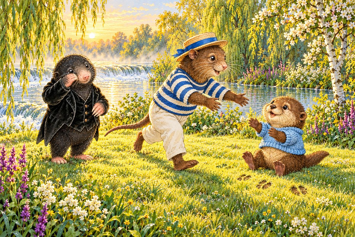 Then the sun's golden disc rose and dazzled them, and when they could look again the Vision was gone. A little breeze brushed their faces and brought the gift of forgetting. "Why, there he is, the little fellow!" cried Rat, running to the sleeping Portly, while Mole stood still, trying to recall a beautiful dream.