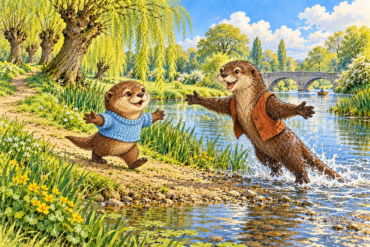 They rowed Portly back and set him on the tow-path near the ford. He waddled off, then broke into a clumsy run, and Otter bounded up from the shallows with an amazed, joyous bark. Drifting homeward in the sun, the tired friends heard the wind in the reeds like far-away music, until Rat fell asleep smiling.