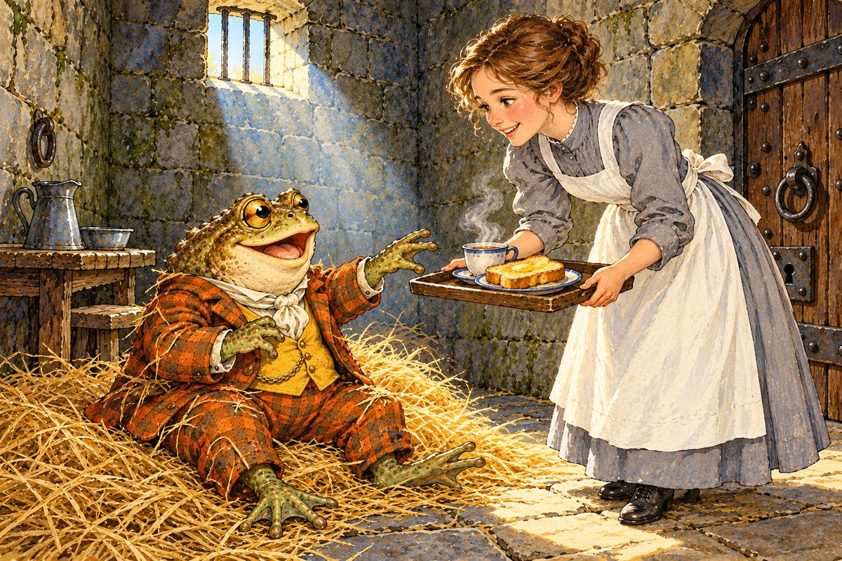 Toad wept for weeks in his dungeon, crying, "This is the end of everything!" But the gaoler's kind daughter took pity on him. She brought him bubble-and-squeak, then a tray of hot tea and thick buttered toast, and soon Toad sat up, dried his eyes and began boasting happily about Toad Hall.