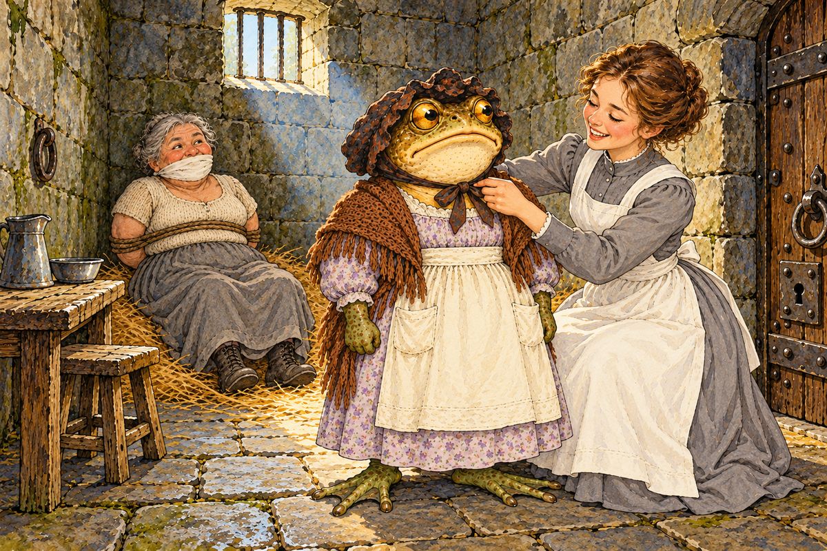 The girl had a plan. Her aunt, the prison washerwoman, was poor, and Toad was rich. For a few gold sovereigns the old lady gave up her print gown, apron, shawl and rusty black bonnet, and asked to be tied up in the corner so she could keep her job. "You're the very image of her," giggled the girl.