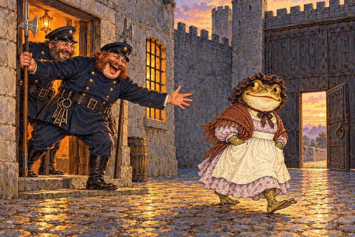 With a quaking heart Toad set off. The washerwoman's familiar print gown opened every barred door, and warders hurried him along, eager for their tea. He bore their clumsy jokes with difficulty, dodged the last warder's arms, and at last heard the wicket-gate click shut behind him. He was free!