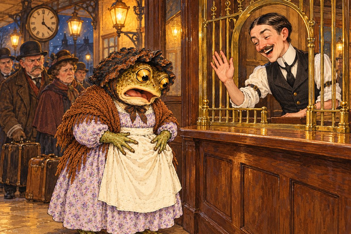 At the railway station Toad asked for a ticket home, then found he had left his coat, waistcoat and money in his cell. "I'll send the money on to-morrow," he tried grandly. The clerk only laughed. "Stand away from the window, please, madam!" he said, and an old gentleman pushed Toad aside.