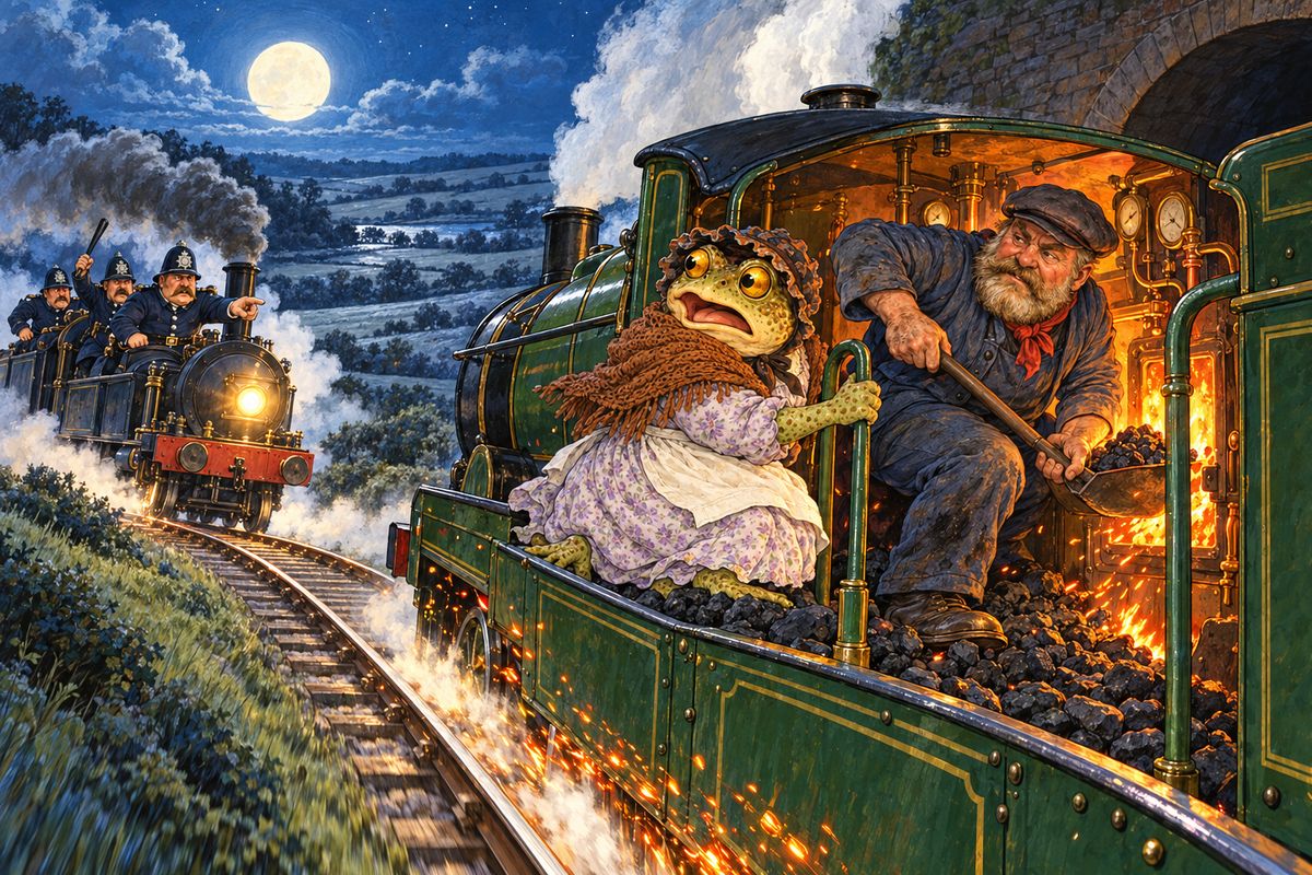 On the platform a kindly engine-driver offered the weeping 'washerwoman' a ride in exchange for washing his shirts. They steamed off, but by moonlight another engine came after them, crowded with warders, policemen and detectives, all shouting, "Stop, stop, stop!" Toad confessed everything, and the driver, who didn't hold with motor-cars, promised to help him.
