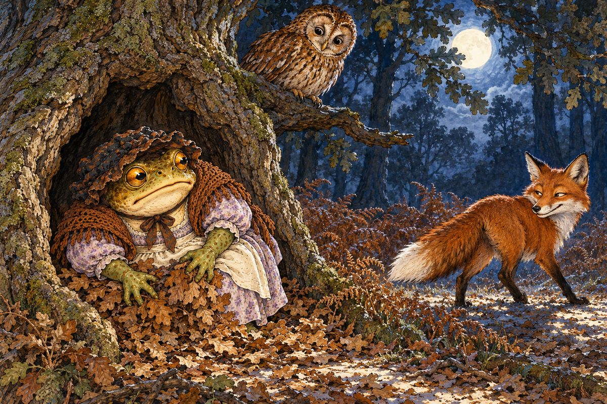 Beyond a long tunnel the driver braked and cried, "Now, jump!" Toad leapt, rolled down the bank unhurt, and hid while the pursuers roared past. But the strange wood seemed to mock him: an owl hooted ho! ho! ho! and a fox sneered, "Hullo, washerwoman!" Cold and tired, Toad made a bed of leaves in a hollow tree and slept till morning.