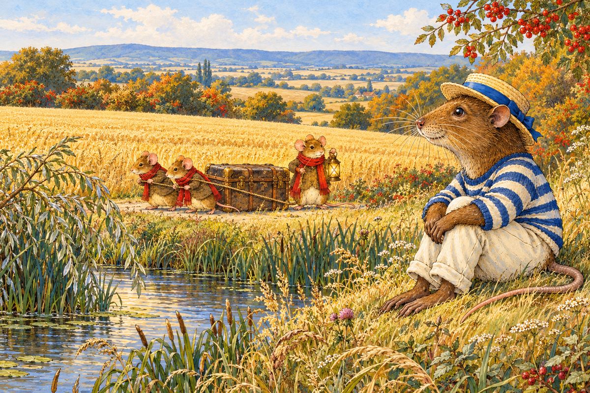 As summer turned to gold, the Rat grew restless. The field-mice were packing trunks for winter quarters, and the swallows in the osiers talked dreamily of the South, of violet seas and lizard-haunted walls. Rat climbed the slope and gazed at the Downs, his old horizon, wondering for the first time what lay beyond.