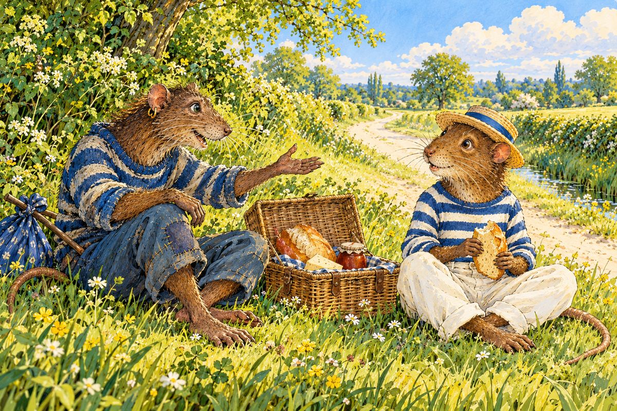 By the dusty road Rat met a lean, footsore stranger with gold earrings, a seafaring rat bound South again. Over a roadside lunch of long French bread, garlic sausage, cheese and a straw-covered flask of red wine, the Sea Rat told of golden Venice by night, jolly weeks in Sicily, wine-casks towed ashore like porpoises, and the shellfish of Marseilles.
