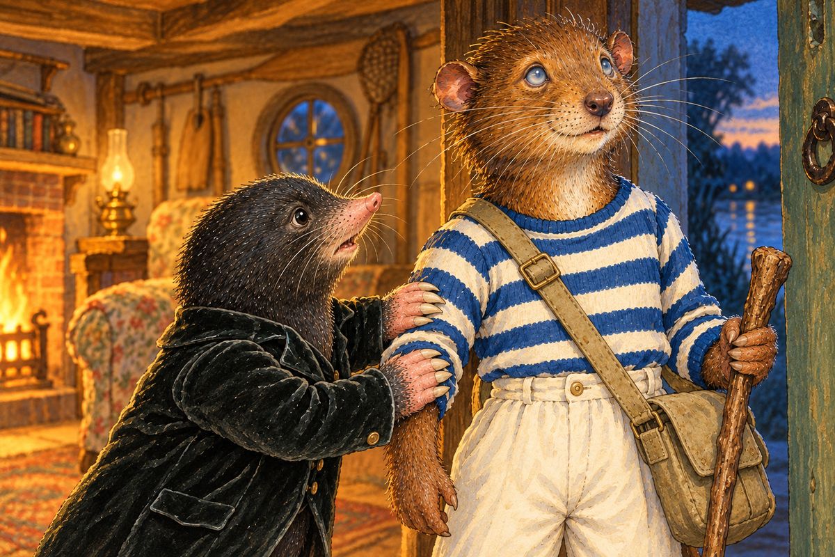 "Take the Adventure, heed the call!" The Sea Rat walked on, and Rat, in a trance, packed his satchel and strode out, but Mole met him at the door. He saw his friend's eyes had gone a strange shifting grey, so he held him fast until the fit broke. That evening Mole quietly left paper and a pencil, and soon Rat was lost in writing poetry.
