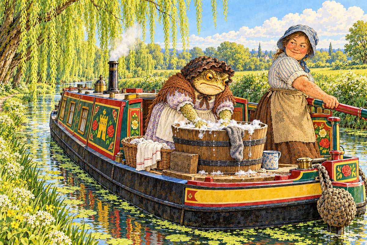 Following a canal, Toad met a stout barge-woman, who kindly offered the poor 'washerwoman' a ride towards Toad Hall. Then she set Toad to do her washing. For half an hour he slapped and punched the garments, lost the soap again and again, and got crosser by the minute, while his precious paws went all crinkly.