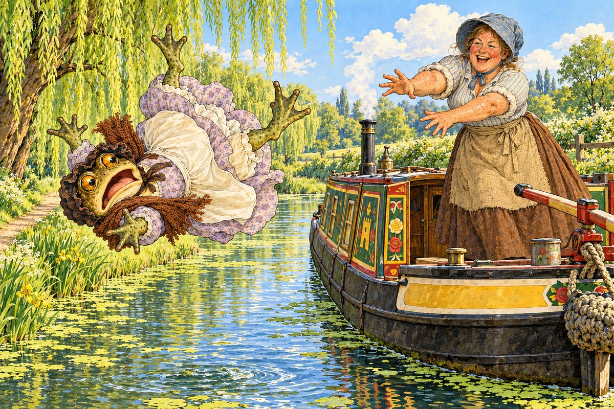 When the barge-woman burst out laughing at such a humbug, Toad lost his temper. "I would have you to know that I am a Toad!" he shouted. "Why, so you are!" she cried, and she seized him by a fore-leg and a hind-leg and flung him whirling through the air into the canal.
