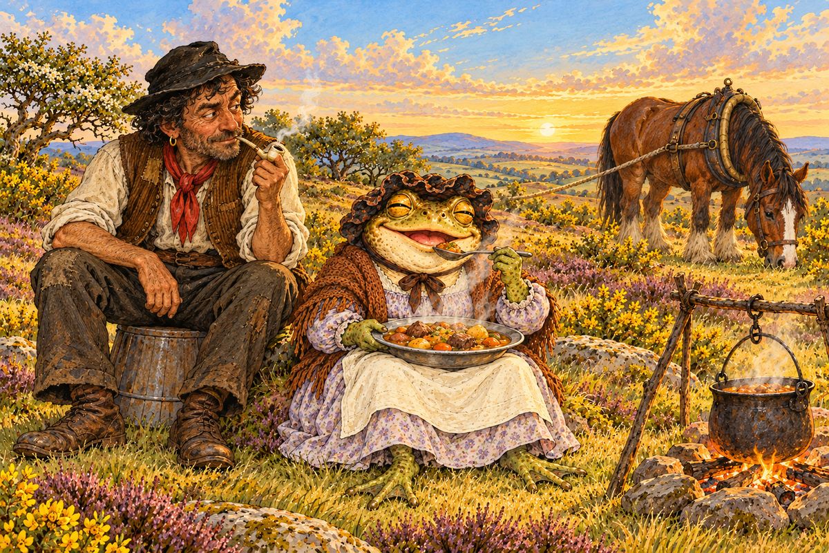Dripping and furious, Toad ran after her, cut loose her barge-horse and galloped off across country. On a wide common he sold the horse to a travelling horse trader for six shillings and sixpence, and as much stew as he could eat, out of a pot full of partridges, pheasants and hares. He had never eaten so good a breakfast.