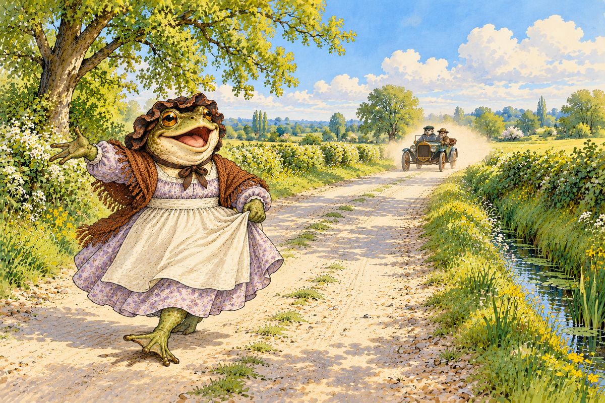 Full of stew and pride, Toad swaggered along, singing the most conceited song any animal ever made: "The world has held great Heroes, as history-books have showed; but never a name to go down to fame compared with that of Toad!" Then a motor-car came along the high road, and he stepped out to beg a lift.