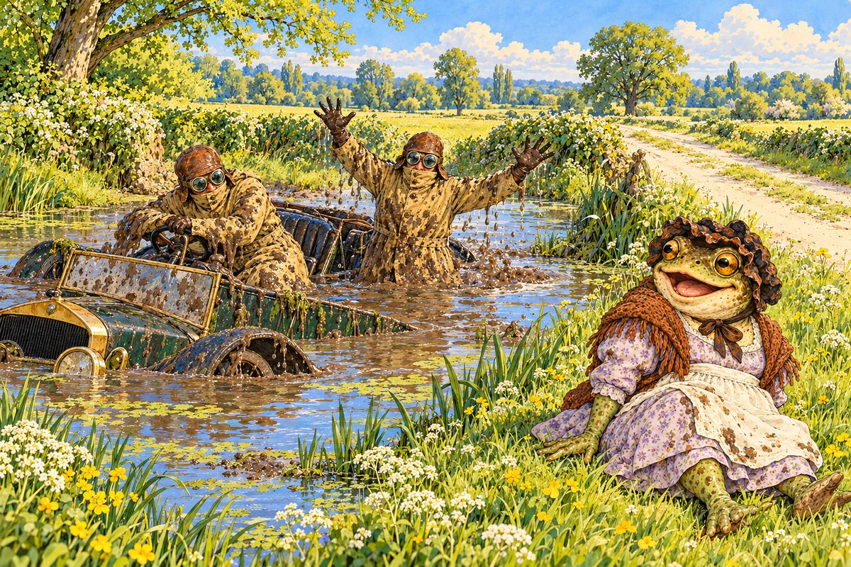 It was the very car he had stolen! But its owners took the fainting 'washerwoman' for a poor old thing and kindly gave her a lift. Toad begged to drive, sped faster and faster, and shouted out who he really was. As they seized him, he swung the wheel and the car crashed through a hedge into a horse-pond.