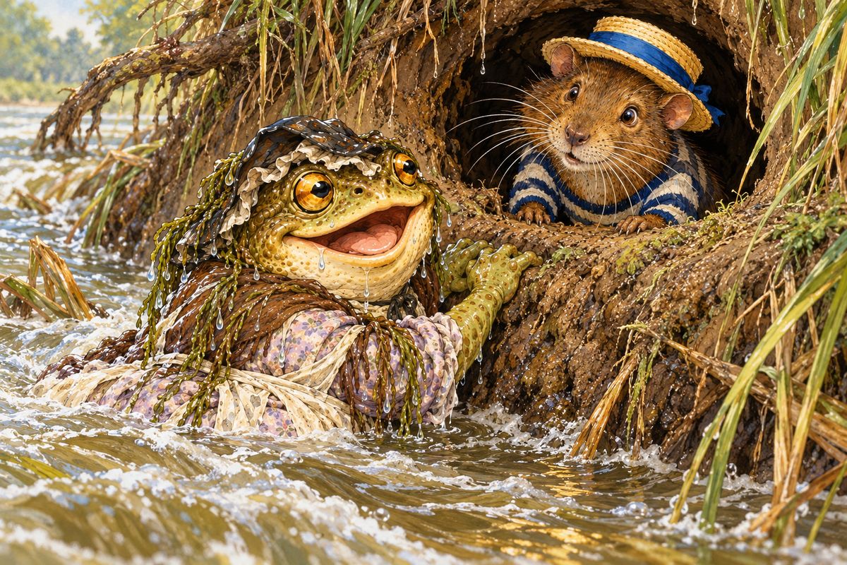 Toad ran off laughing, until a chauffeur and two large policemen came chasing after him. Fleeing blindly, he plunged into the river, and the rushing water swept him along until he caught the edge of a dark hole in the bank. Something small and bright twinkled in its depths, and a familiar face grew round it. It was the Water Rat!