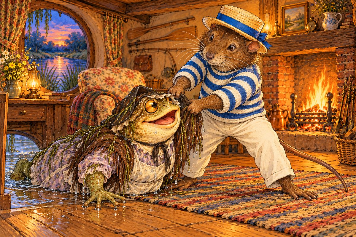 Rat hauled the dripping Toad up out of the river by his scruff, and Toad began bragging at once about his escapes and disguises. Rat would have none of it. Over lunch he told his old friend plainly what an ass he had been, and Toad gave in at last, promising to live a quiet, respectable life.
