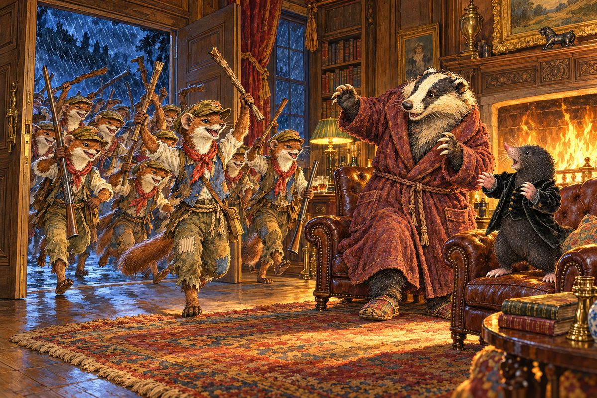 Then Rat gave him terrible news. One wild, rainy night, while Mole and Badger sat by the fire guarding Toad Hall, the stoats, weasels and ferrets burst in from every side and threw them out into the storm. "And the Wild Wooders have been living in Toad Hall ever since," said Rat.