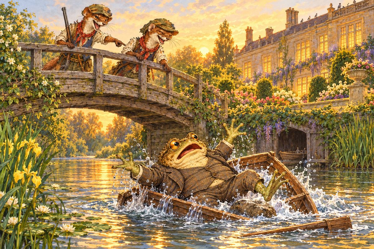 Toad would not wait. He marched to his front gate, but a ferret sentry fired over his head and sent him scampering home. He tried again by water, but as he rowed under the little bridge, two stoats dropped a great stone that smashed through Rat's boat. "It will be your head next time, Toady!" they jeered.