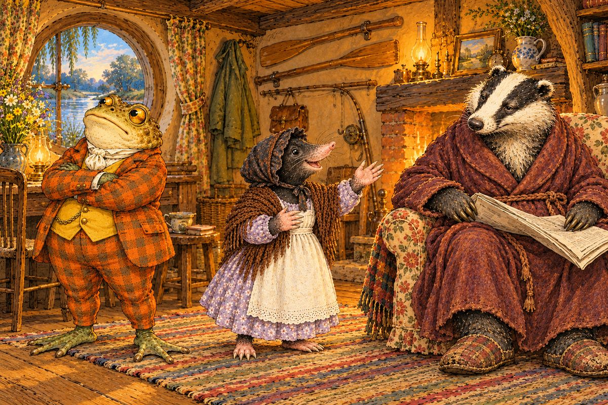 That night a weary Badger and Mole arrived. Badger revealed a secret tunnel that led up into the butler's pantry, and planned to attack during the Chief Weasel's birthday banquet. Next morning Mole put on the washerwoman's dress and scared the stoat sentries with tales of a huge army on its way. "Good Mole! Clever Mole!" said Badger, while Toad sulked with jealousy.