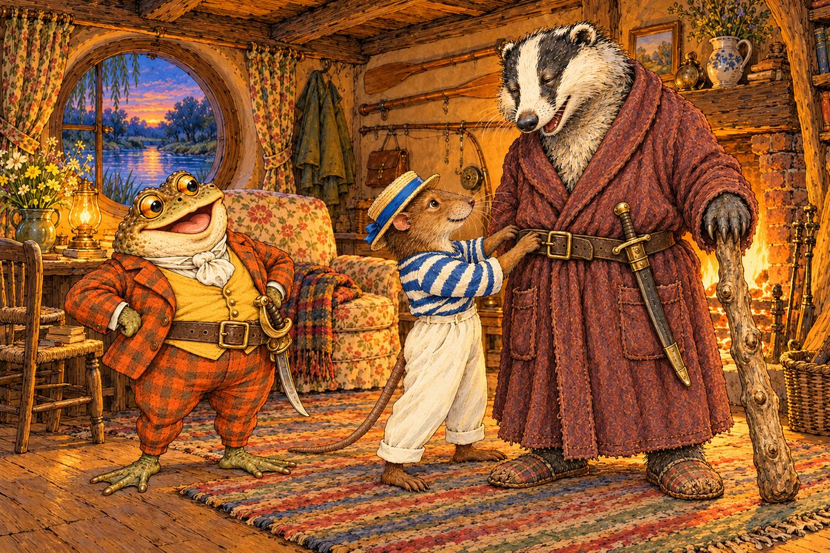 At dusk the Rat called everyone into his parlour and fitted out each one for the expedition: belts, swords, cutlasses, pistols, truncheons and handcuffs. Badger only laughed. "It amuses you and it doesn't hurt me. I'm going to do all I've got to do with this here stick."