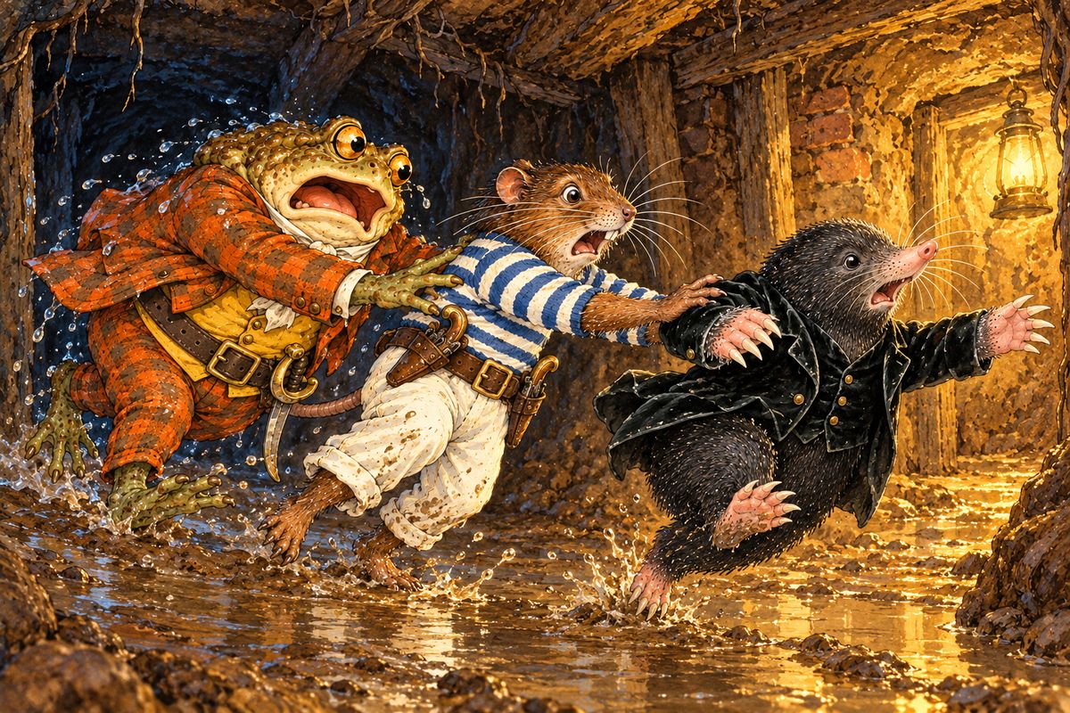 Badger led them into a hole in the river-bank, and Toad promptly slipped into the water with a splash. Wet and shivering, he lagged behind in the dark tunnel. When Rat called, "Come on, Toad!", he rushed forward so wildly that he knocked Rat into Mole and Mole into Badger, and Badger nearly left him behind for good.