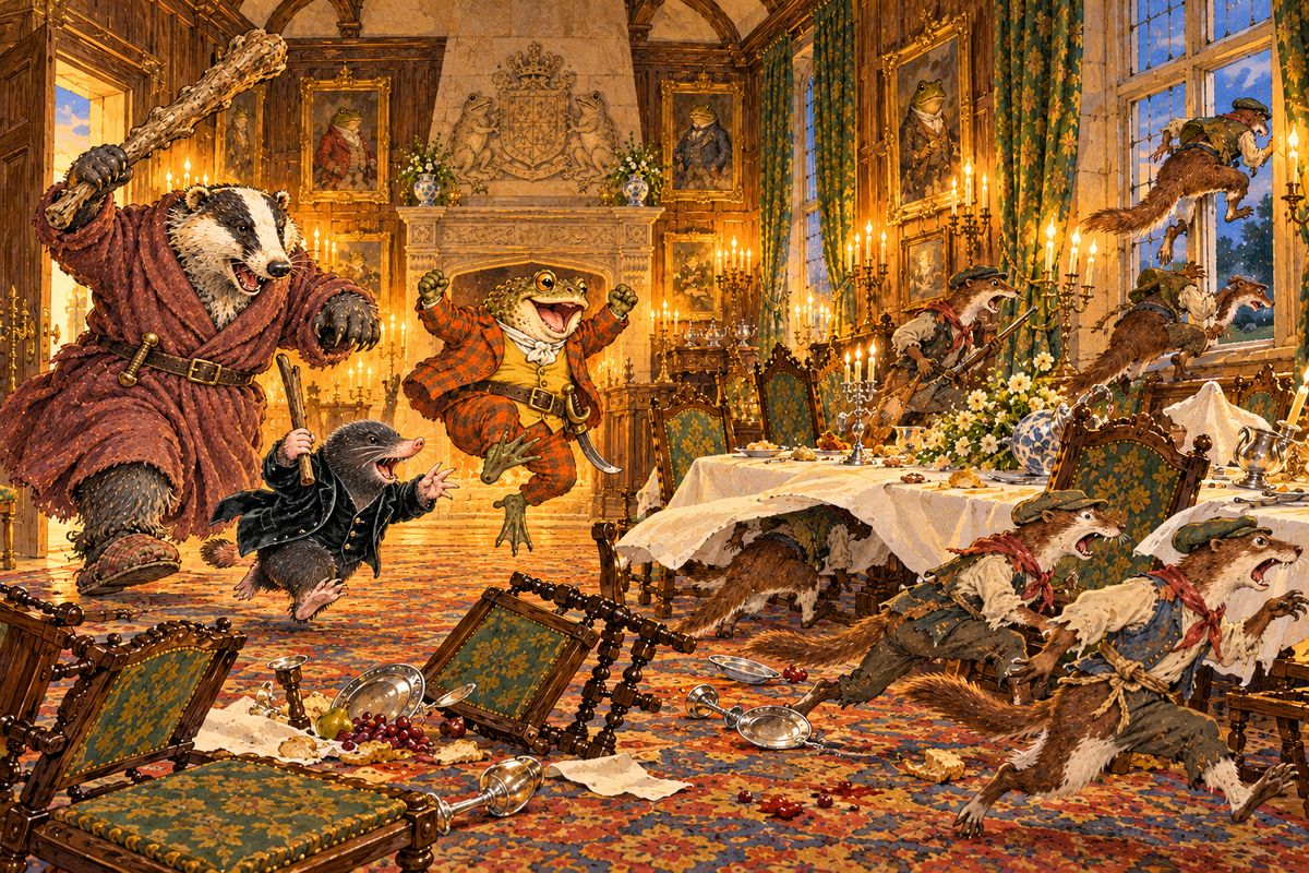 They pushed up through the trap-door into the pantry while the Chief Weasel squeaked a mocking song about Toad at the banquet. Badger cried, "The hour is come! Follow me!" and flung the door wide. The four friends charged in with their sticks, and the weasels fled through windows and up chimneys, while outside the panicking sentries tumbled into the river.