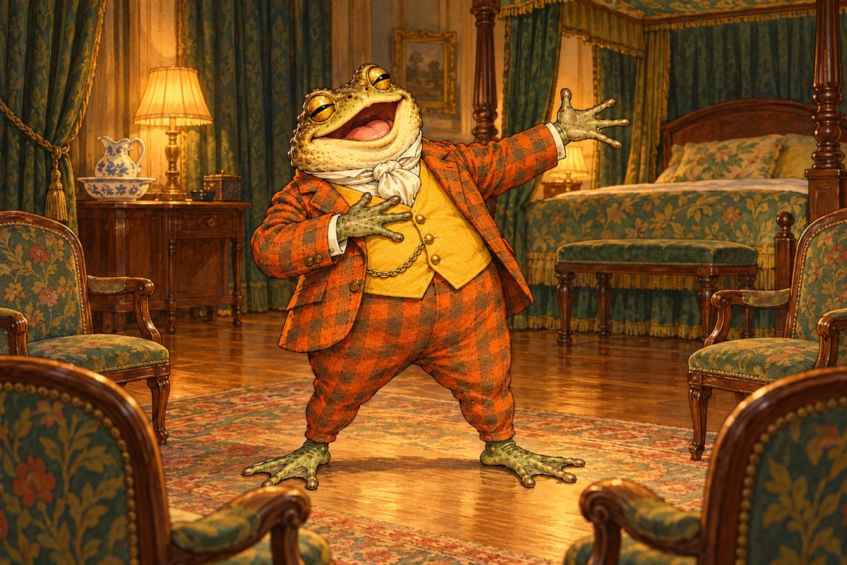 On the evening of the victory banquet, after his friends had forbidden any speeches or songs, Toad locked his bedroom door, set out his chairs in a semicircle and sang his Last Little Song to an audience only he could see: "The Toad—came—home!" He sang it twice over, heaved a long sigh, and plastered his hair down flat.