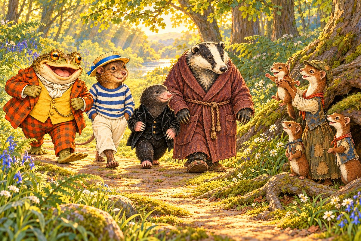 On long summer evenings the four friends strolled through the tamed Wild Wood, where the mother-weasels held up their babies and pointed: "Look, baby! There goes the great Mr. Toad!" To quiet a naughty child, they said the terrible grey Badger would get them, though in fact Badger was rather fond of children.