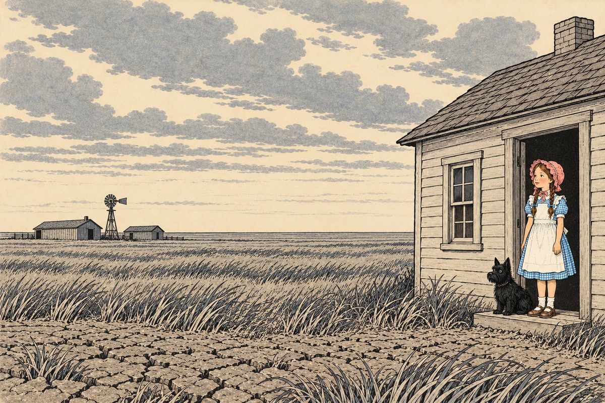 Dorothy lived in the middle of the great Kansas prairies, in a one-room house with Uncle Henry and Aunt Em. From the doorway she could see nothing but flat gray land reaching to the sky on every side. The sun had baked the earth, burned the grass and blistered the paint until everything was gray.