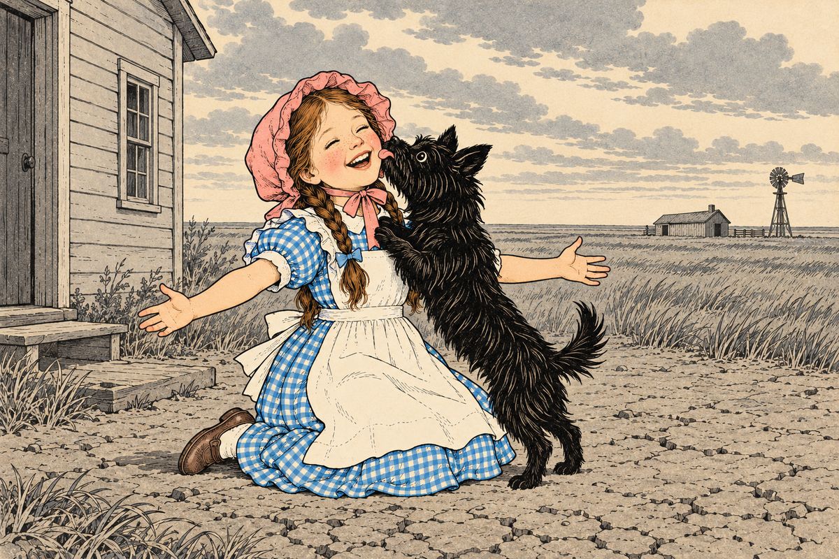 It was Toto who made Dorothy laugh and saved her from growing as gray as everything around her. He was not gray at all, but a little black dog with silky hair and merry twinkling eyes. Toto played all day long, and Dorothy played with him and loved him dearly.