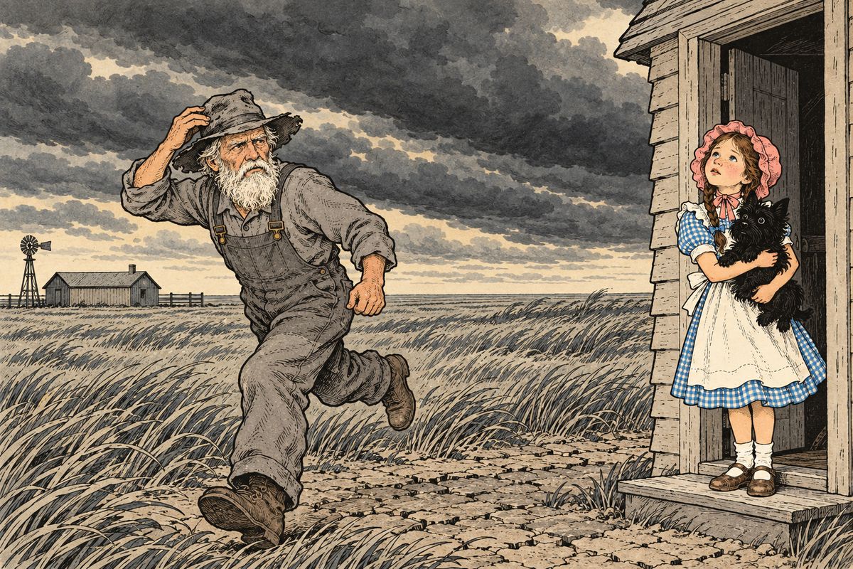 One day the sky turned grayer than ever. A low wail came from the north and a sharp whistle from the south, and the long grass rippled in waves from both sides. “There’s a cyclone coming, Em,” Uncle Henry called, and he ran off to see to the cows and horses.