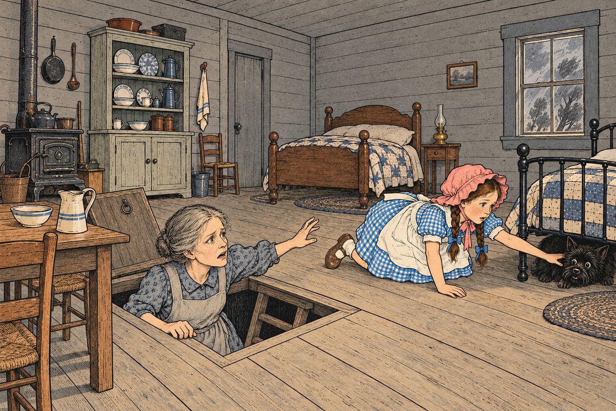 “Quick, Dorothy! Run for the cellar!” Aunt Em screamed. She threw open the trap door and climbed down the ladder into the small dark hole. But Toto jumped from Dorothy’s arms and hid under the bed, and the girl scrambled after him.