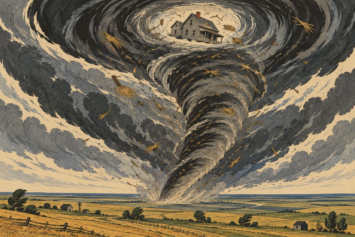 Dorothy had just caught Toto when the wind gave a great shriek, and the house shook so hard that she sat down upon the floor. Then the house whirled around two or three times and rose slowly into the air, carried up to the very top of the cyclone as easily as a feather.
