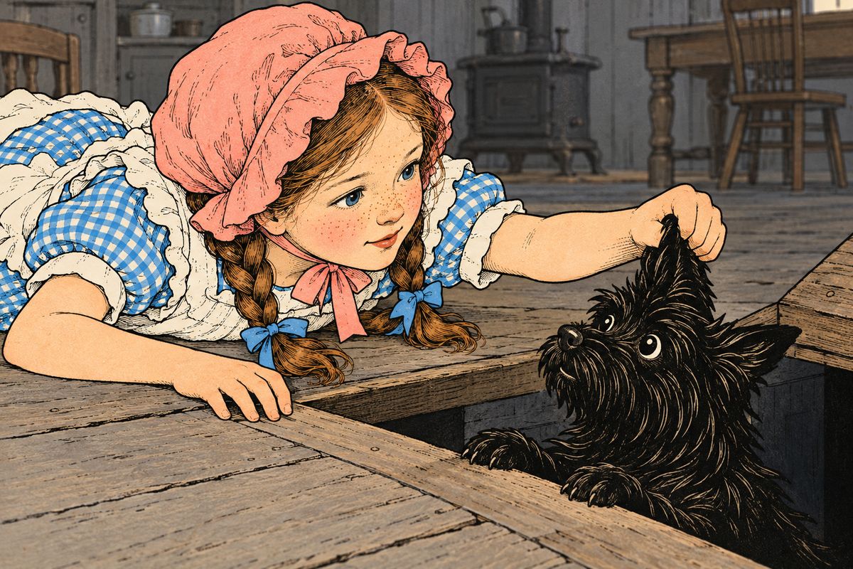 Toto ran about barking, and once he fell through the open trap door. Dorothy thought she had lost him, until she saw one ear sticking up through the hole, for the rushing air held him up. She crept over, dragged him back by the ear, and shut the trap door tight.