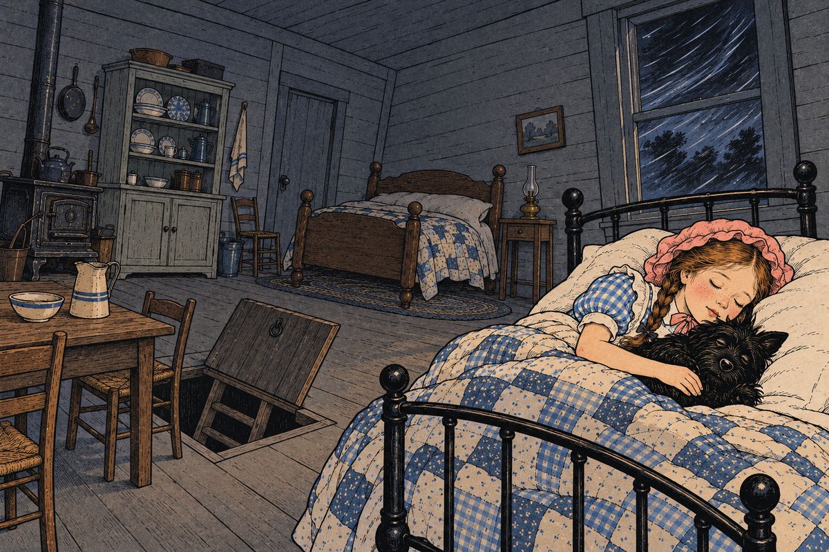 Hour after hour passed while the wind shrieked, and slowly Dorothy got over her fright and resolved to wait calmly and see what would happen. At last she crawled across the swaying floor to her bed, Toto lay down beside her, and in spite of the storm she fell fast asleep.